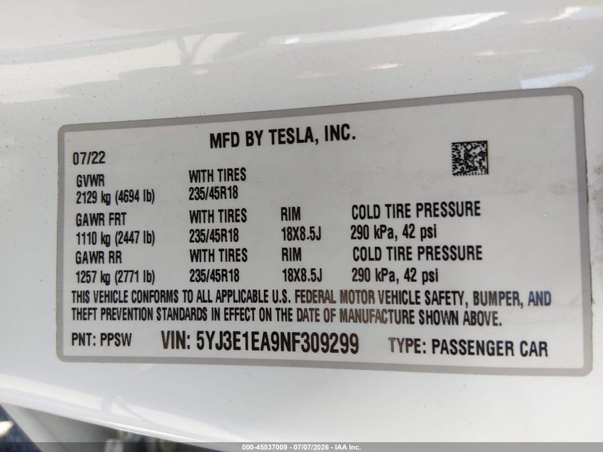 2022 Tesla Model 3 VIN 5YJ3E1EA9NF309299 IAAI salvage auction — REAR END, Salvage Title, sold $6,775 on 2026-08-20 (photo 9)