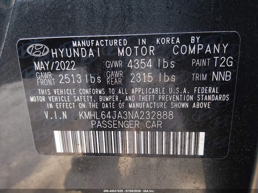 2022 Hyundai Sonata VIN KMHL64JA3NA232888 IAAI salvage auction — FRONT END, Mv-907A (New York), sold $1,800 on 2026-07-28 (photo 9)