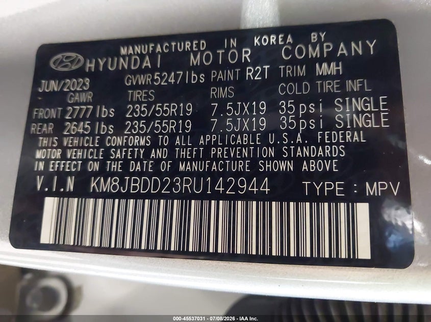 2024 Hyundai Tucson VIN KM8JBDD23RU142944 IAAI salvage auction — SIDE, Mv-907A (New York), sold $6,600 on 2026-07-15 (photo 9)