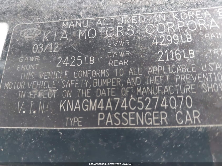 2012 Kia Optima VIN KNAGM4A74C5274070 IAAI salvage auction — FRONT END, Rebuildable (Florida), sold $575 on 2026-07-28 (photo 9)
