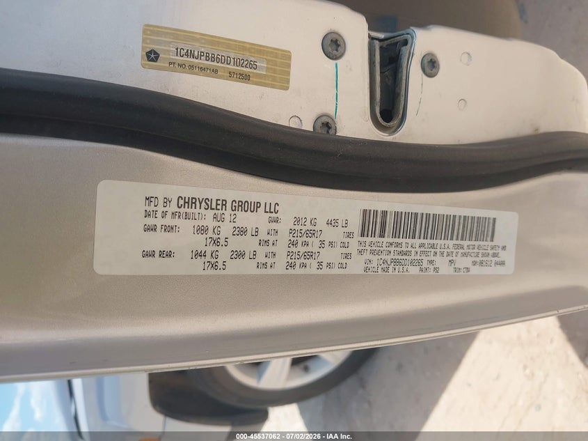 2013 Jeep Liberty (patriot) VIN 1C4NJPBB6DD102265 IAAI salvage auction — NORMAL WEAR, Original (Texas), sold $1,600 on 2026-07-09 (photo 9)