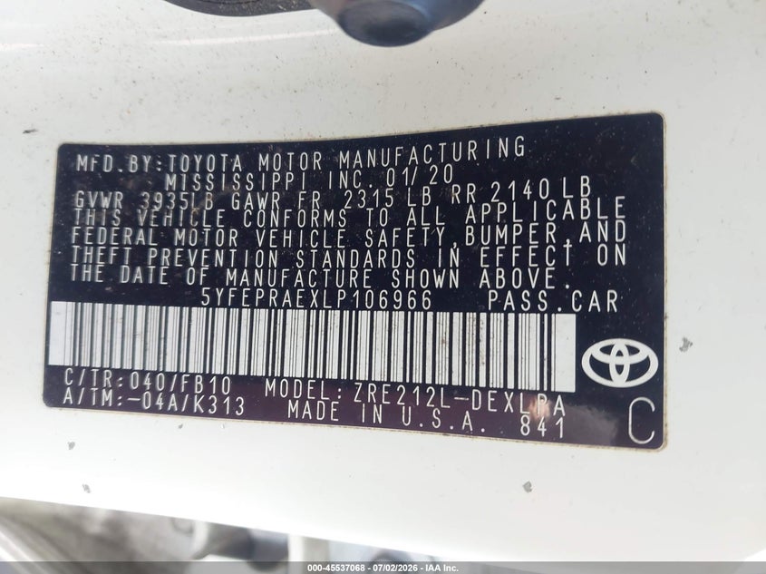 2020 Toyota Corolla VIN 5YFEPRAEXLP106966 IAAI salvage auction — REAR END, Salvage (North Carolina), sold $4,650 on 2026-07-22 (photo 9)