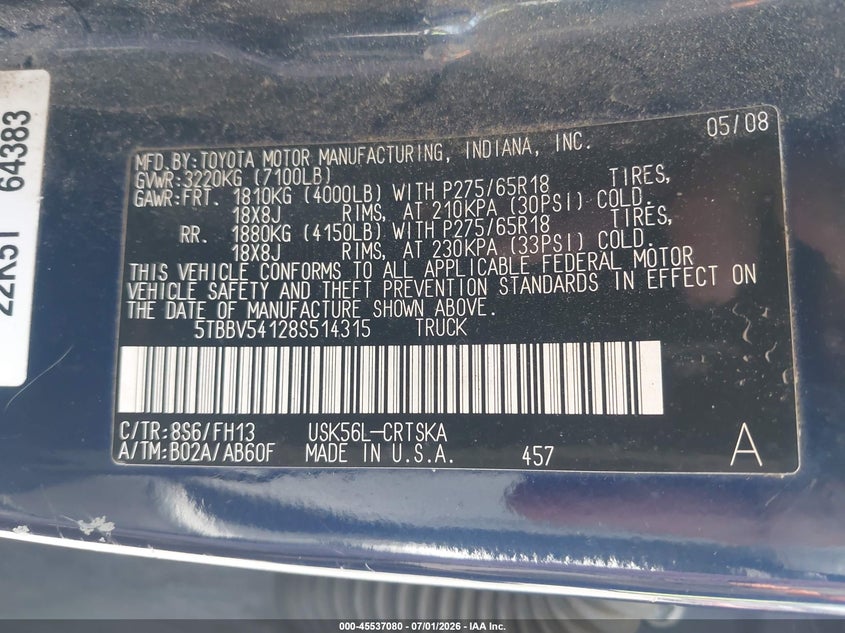 2008 Toyota Tundra VIN 5TBBV54128S514315 IAAI salvage auction — NORMAL WEAR, Clear (Pennsylvania), sold $3,450 on 2026-07-24 (photo 9)