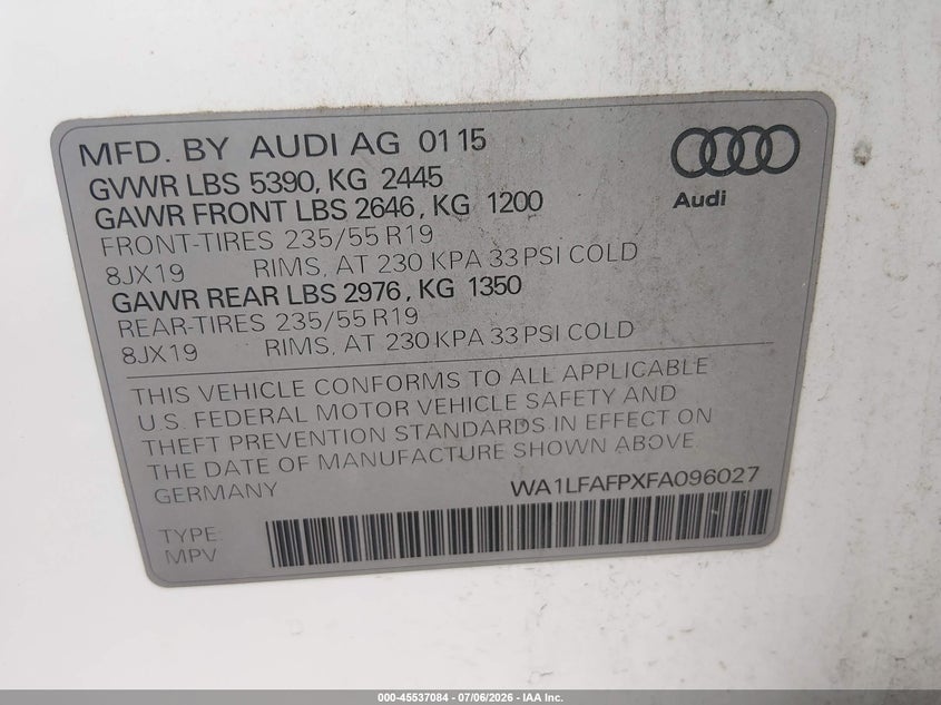 2015 Audi Q5 VIN WA1LFAFPXFA096027 IAAI salvage auction — NORMAL WEAR, Clear (Maryland), sold $1,350 on 2026-07-20 (photo 9)