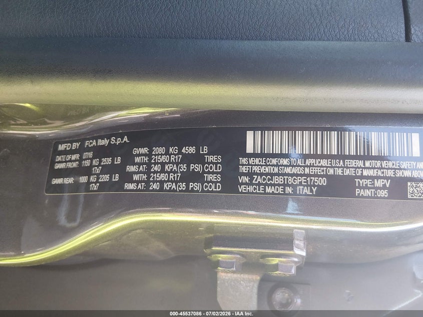 2016 Jeep Renegade VIN ZACCJBBT8GPE17500 IAAI salvage auction — SIDE, Salvage - Greater Than 75% (Maryland), sold $1,200 on 2026-08-13 (photo 9)
