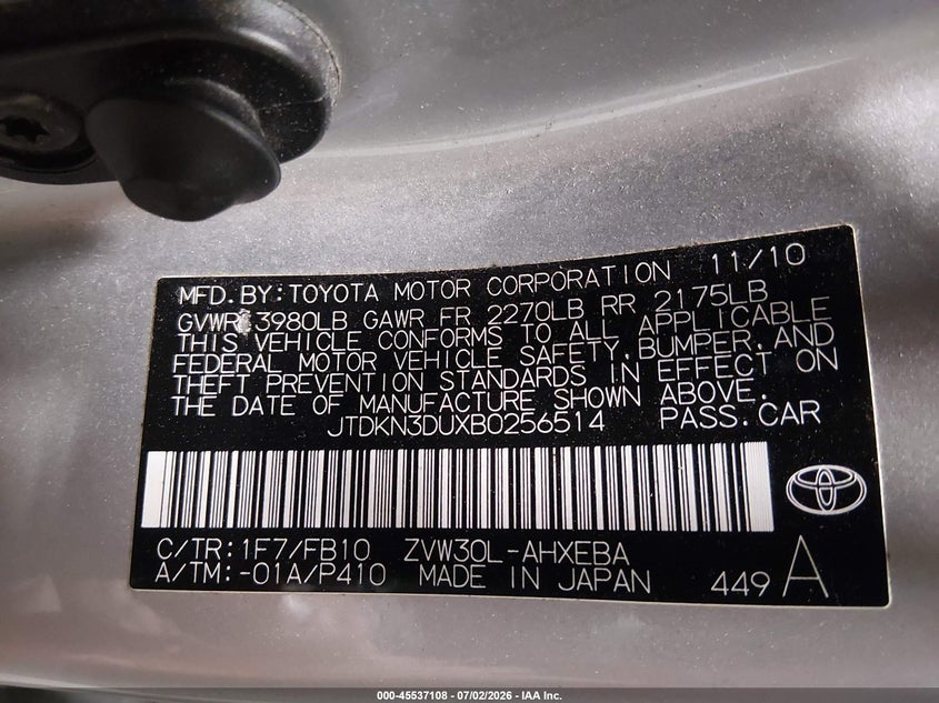2011 Toyota Prius VIN JTDKN3DUXB0256514 IAAI salvage auction — FRONT END, Bill Of Sale (Alaska), sold $850 on 2026-07-31 (photo 9)