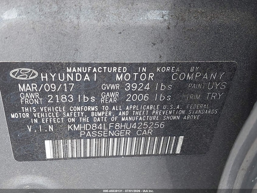 2017 Hyundai Elantra VIN KMHD84LF8HU425256 IAAI salvage auction — FRONT END, Salvage Title, sold $1,950 on 2026-07-27 (photo 9)
