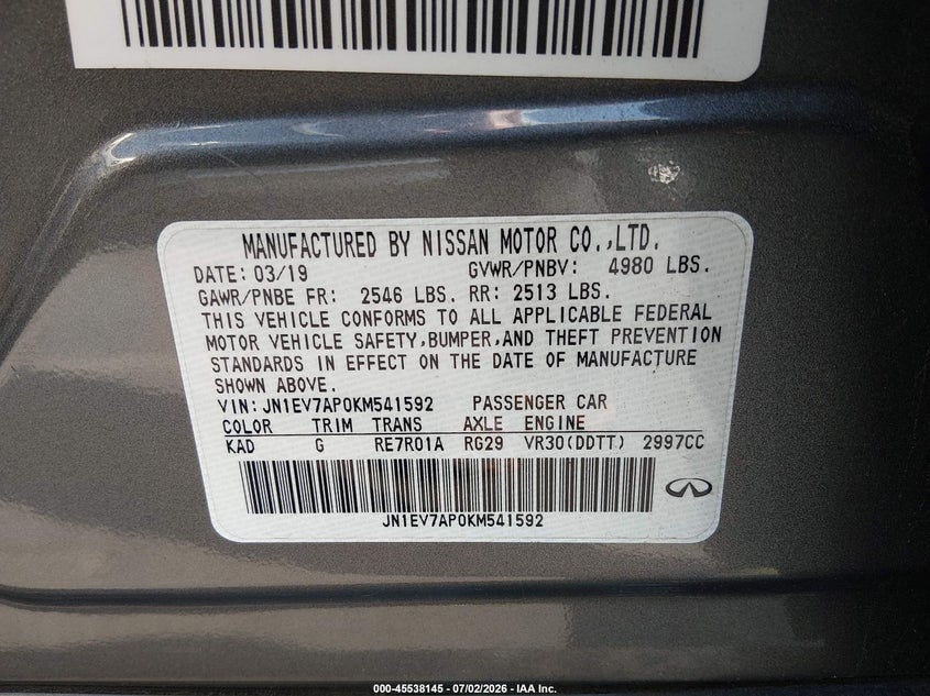2019 Infiniti Q50 VIN JN1EV7AP0KM541592 IAAI salvage auction — REAR END, Nrc Lienholder Repossession Paperwork (Texas), sold $2,775 on 2026-07-29 (photo 9)