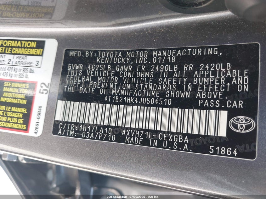 2018 Toyota Camry VIN 4T1B21HK4JU504510 IAAI salvage auction — SIDE, Salvage (Pennsylvania), sold $7,000 on 2026-07-31 (photo 9)