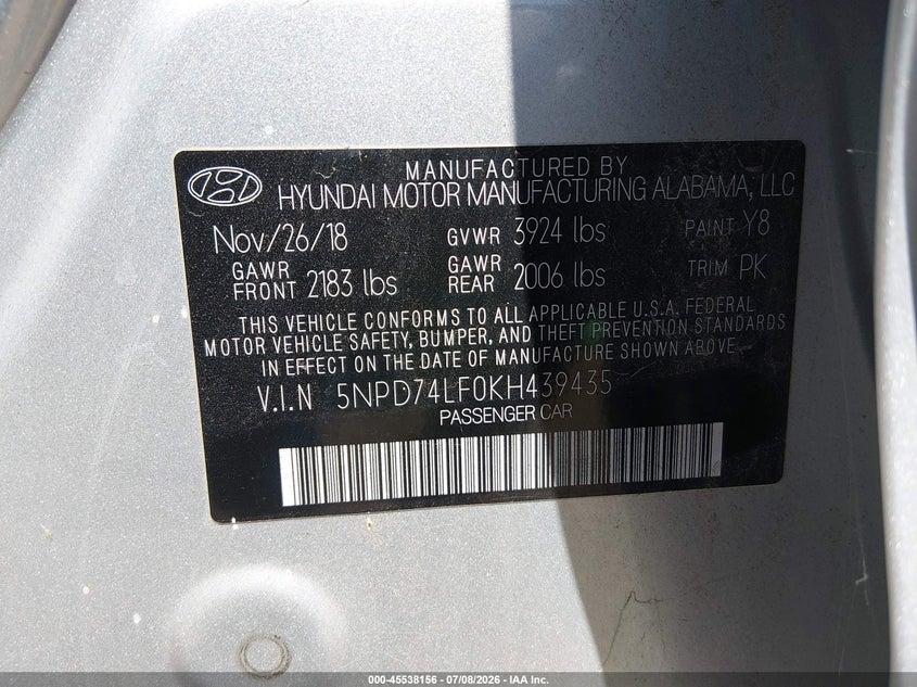 2019 Hyundai Elantra VIN 5NPD74LF0KH439435 IAAI salvage auction — NORMAL WEAR, SF97 (California), sold $9,000 on 2026-08-25 (photo 9)