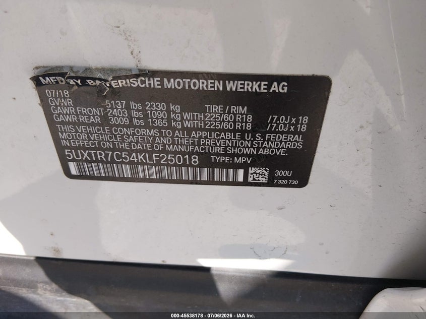 2019 BMW X3 VIN 5UXTR7C54KLF25018 IAAI salvage auction — ALL OVER, Salvage (Texas), sold $2,150 on 2026-07-20 (photo 9)