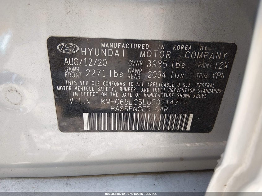 2020 Hyundai Ioniq hybrid VIN KMHC65LC5LU232147 IAAI salvage auction — NORMAL WEAR, Sf97 (Tennessee), sold $11,050 on 2026-08-12 (photo 9)
