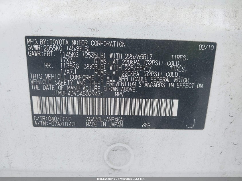 2010 Toyota Rav4 VIN JTMBF4DV5A5029471 IAAI salvage auction — FRONT END, Salvage - 75% Or Less (Maryland), sold $2,850 on 2026-07-23 (photo 9)
