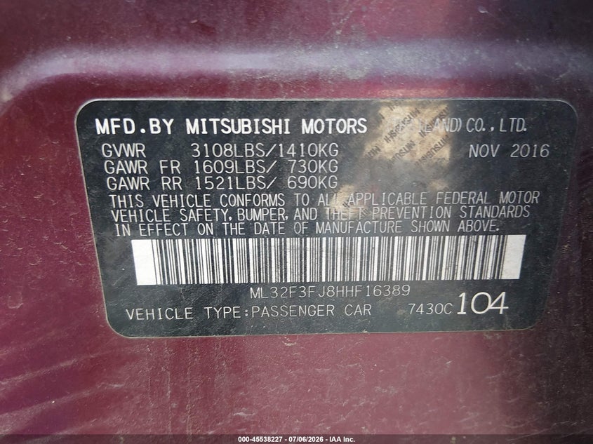 2017 Mitsubishi Mirage VIN ML32F3FJ8HHF16389 IAAI salvage auction — NORMAL WEAR, Original (Texas), sold $575 on 2026-08-23 (photo 9)