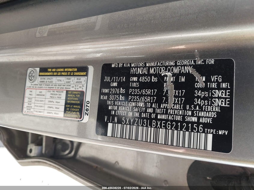 2014 Hyundai Santa fe VIN 5XYZU3LBXEG212156 IAAI salvage auction — SIDE, Salvage (North Carolina), sold $2,150 on 2026-07-23 (photo 9)