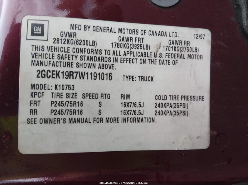 1998 Chevrolet C/k 1500 VIN 2GCEK19R7W1191016 IAAI salvage auction — SIDE, Salvage (Pennsylvania), sold $775 on 2026-07-15 (photo 9)