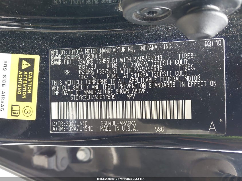 2010 Toyota Highlander VIN 5TDYK3EH7AS011699 IAAI salvage auction — NORMAL WEAR, Clear - Dealer Only (California), sold $2,925 on 2026-07-15 (photo 9)