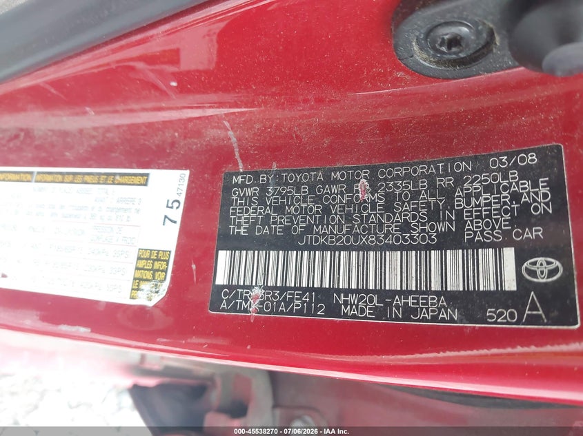 2008 Toyota Prius VIN JTDKB20UX83403303 IAAI salvage auction — NORMAL WEAR, Clear (Georgia), sold $550 on 2026-07-28 (photo 9)