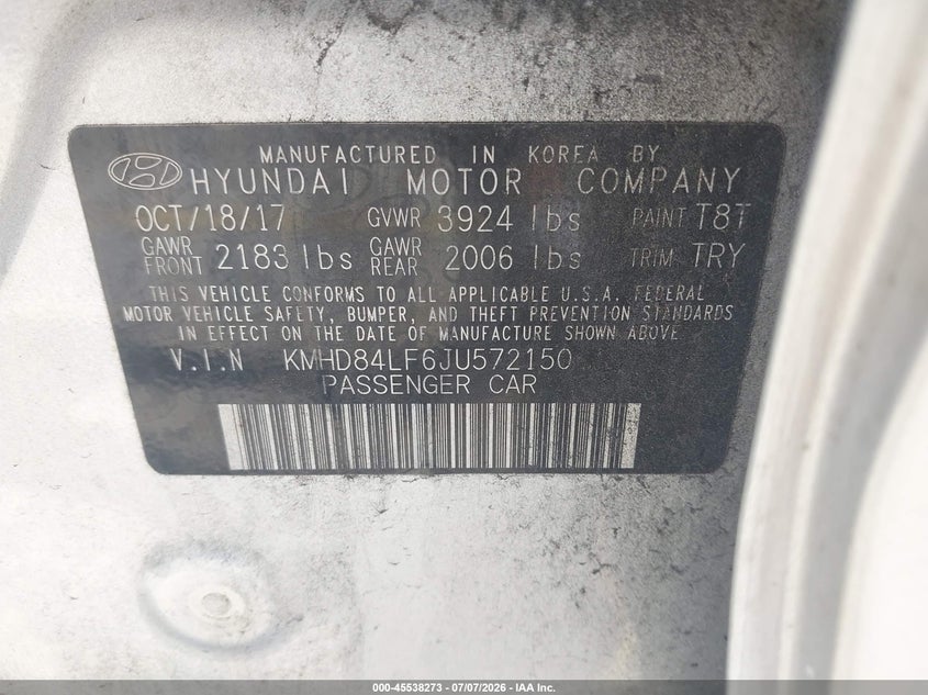 2018 Hyundai Elantra VIN KMHD84LF6JU572150 IAAI salvage auction — SIDE, Rebuildable (Florida), sold $25 on 2026-07-30 (photo 9)
