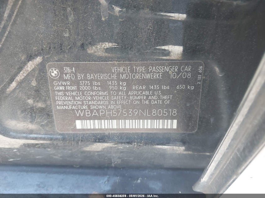 2009 BMW 3 series VIN WBAPH57539NL80518 IAAI salvage auction — LEFT FRONT, Clear - Dealer Only (California), sold $1,100 on 2026-07-22 (photo 9)