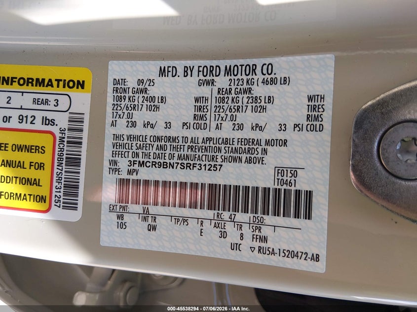 2025 Ford Bronco sport VIN 3FMCR9BN7SRF31257 IAAI salvage auction — LEFT FRONT, Salvage Title, sold $7,500 on 2026-07-29 (photo 9)