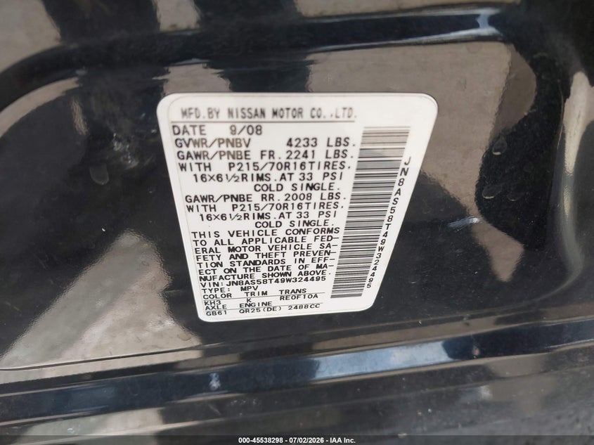 2009 Nissan Rogue sport VIN JN8AS58T49W324495 IAAI salvage auction — REAR END, Salvage - Greater Than 75% (Maryland), sold $25 on 2026-07-23 (photo 9)