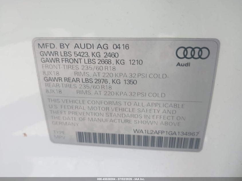 2016 Audi Q5 VIN WA1L2AFP1GA134967 IAAI salvage auction — FRONT END, Clear (Wisconsin), sold $6,300 on 2026-07-14 (photo 9)