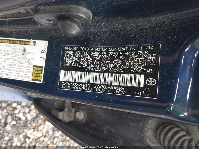 2015 Toyota Prius VIN JTDKN3DU2F1898970 IAAI salvage auction — FRONT & REAR, Mv-907A (New York), sold $675 on 2026-07-14 (photo 9)