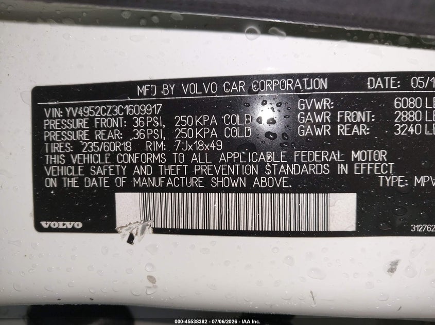 2012 Volvo Xc90 VIN YV4952CZ3C1609917 IAAI salvage auction — NORMAL WEAR, Clear (New York), sold $400 on 2026-07-23 (photo 9)