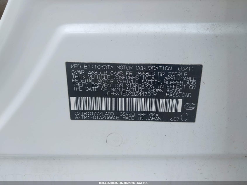 2011 Lexus Es 350 VIN JTHBK1EGXB2447309 IAAI salvage auction — FRONT END, Salvage (Indiana), sold $625 on 2026-07-28 (photo 9)