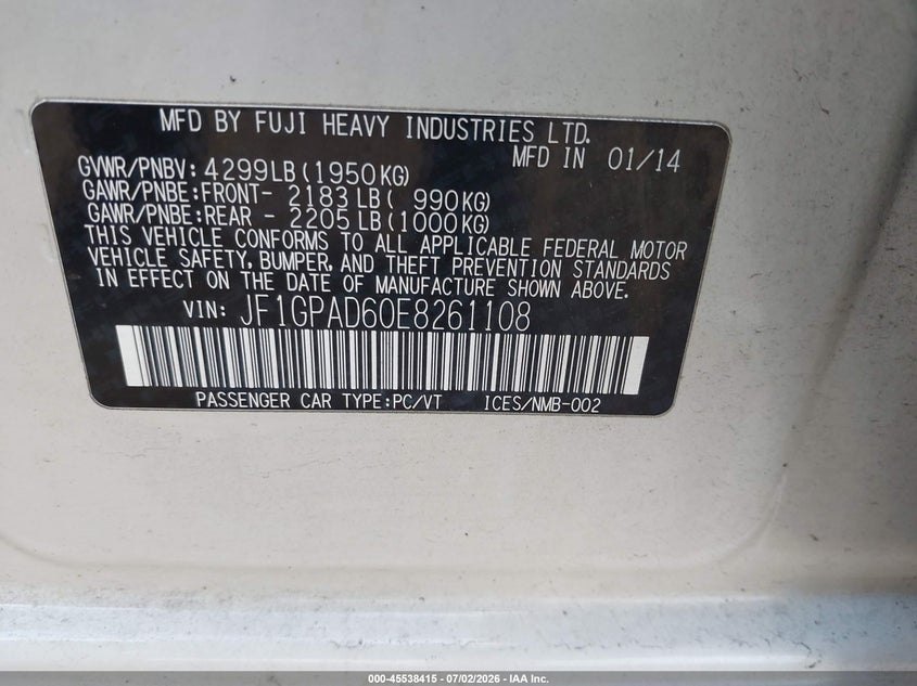 2014 Subaru Impreza VIN JF1GPAD60E8261108 IAAI salvage auction — FRONT END, Clear (Virginia), sold $850 on 2026-07-30 (photo 9)