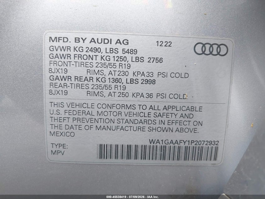 2023 Audi Q5 VIN WA1GAAFY1P2072932 IAAI salvage auction — LEFT REAR, Salvage (Ohio), sold $3,150 on 2026-07-23 (photo 9)