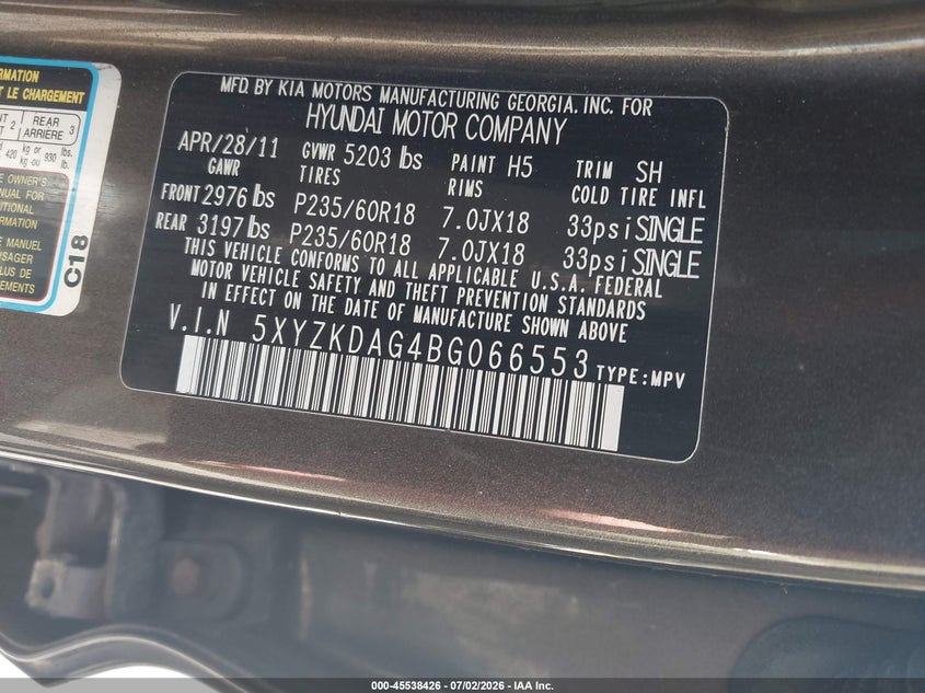 2011 Hyundai Santa fe VIN 5XYZKDAG4BG066553 IAAI salvage auction — NORMAL WEAR, Clear (New York), sold $675 on 2026-07-22 (photo 9)