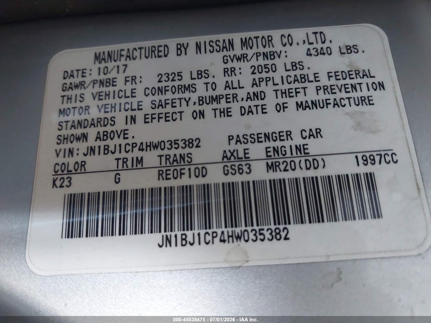 2017 Nissan Rogue sport VIN JN1BJ1CP4HW035382 IAAI salvage auction — NORMAL WEAR, Clear - Dealer Only (California), sold $1,800 on 2026-07-28 (photo 9)