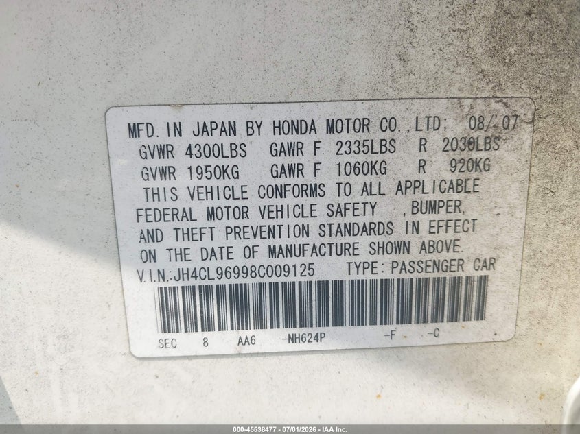 2008 Acura Tsx VIN JH4CL96998C009125 IAAI salvage auction — NORMAL WEAR, Salvage (New Jersey), sold $475 on 2026-07-17 (photo 9)