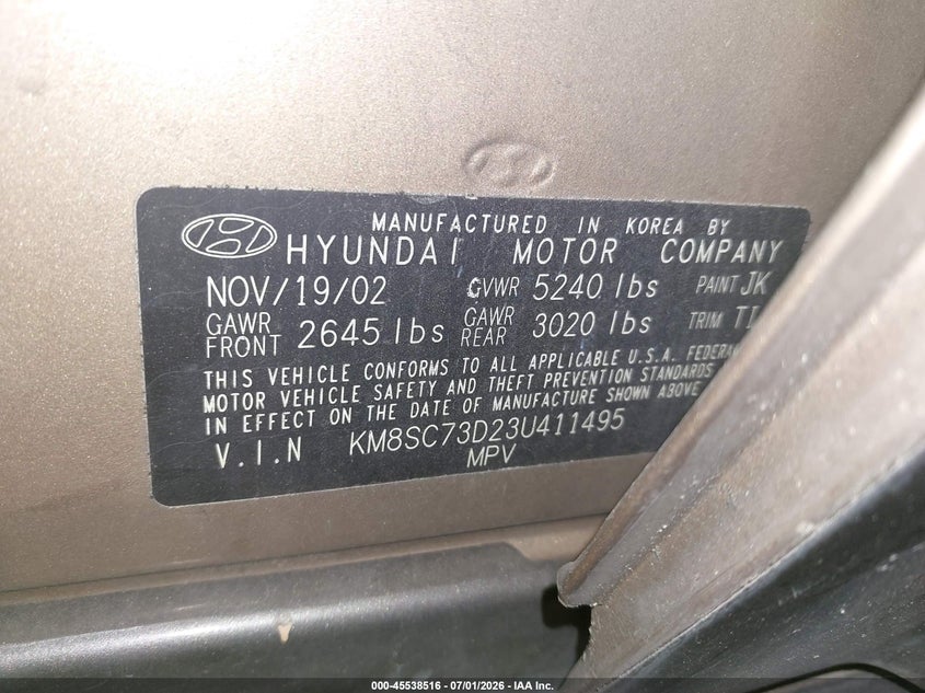 2003 Hyundai Santa fe VIN KM8SC73D23U411495 IAAI salvage auction — NORMAL WEAR, Clear (Virginia), sold $375 on 2026-07-09 (photo 9)