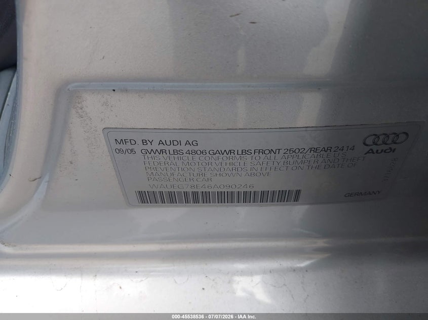 2006 Audi A4 VIN WAUEG78E46A090246 IAAI salvage auction — LEFT FRONT, Salvage (Pennsylvania), sold $250 on 2026-07-16 (photo 9)
