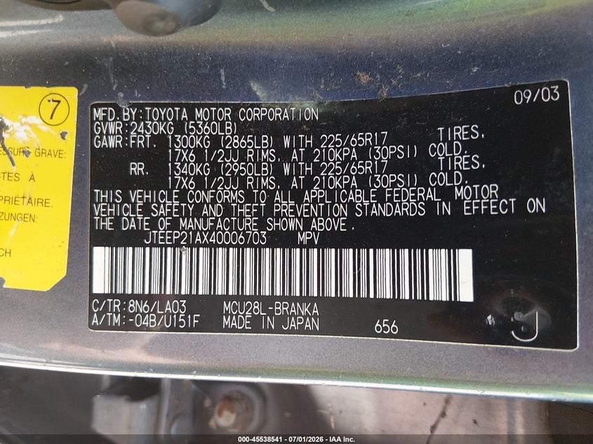 2004 Toyota Highlander VIN JTEEP21AX40006703 IAAI salvage auction — NORMAL WEAR, Clear (Tennessee), sold $1,050 on 2026-07-08 (photo 9)
