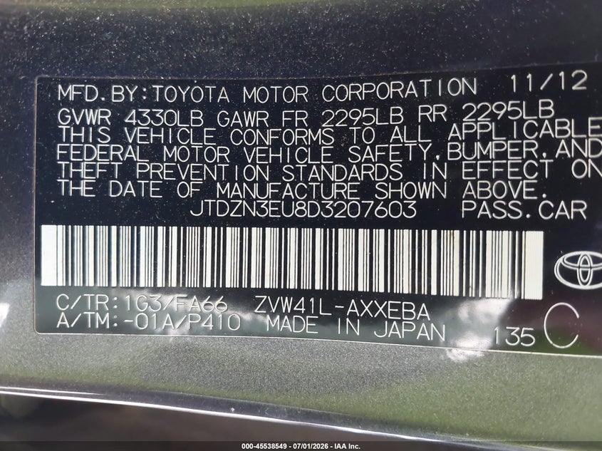 2013 Toyota Prius v VIN JTDZN3EU8D3207603 IAAI salvage auction — NORMAL WEAR, Clear (North Carolina), sold $3,050 on 2026-07-09 (photo 9)