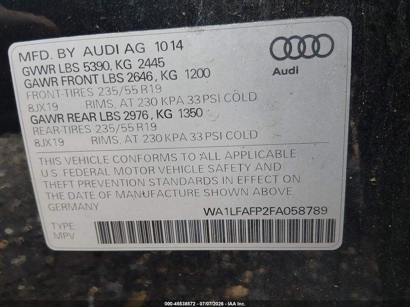 2015 Audi Q5 VIN WA1LFAFP2FA058789 IAAI salvage auction — LEFT FRONT, Mv-907A (New York), sold $925 on 2026-07-28 (photo 9)