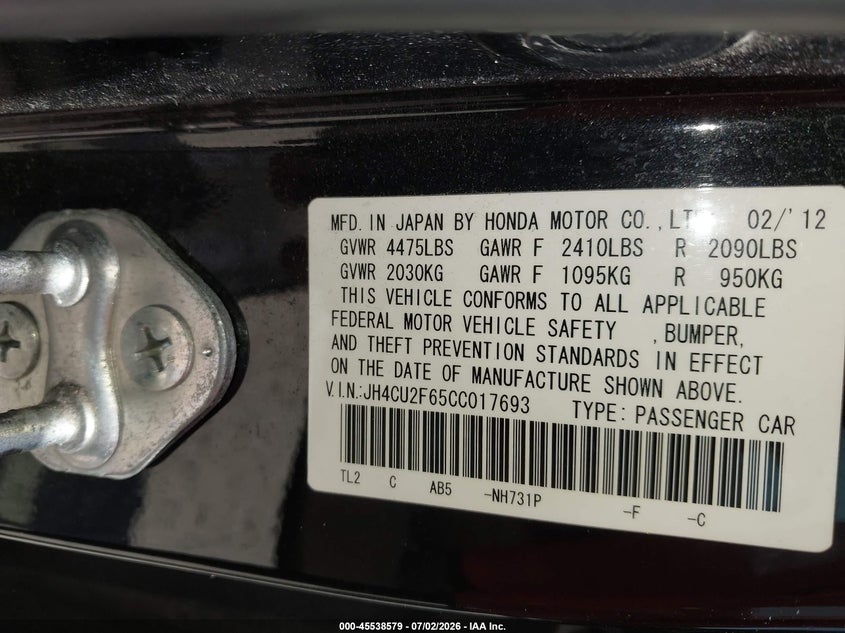 2012 Acura Tsx VIN JH4CU2F65CC017693 IAAI salvage auction — NORMAL WEAR, Clear (New Jersey), sold $1,350 on 2026-07-07 (photo 9)