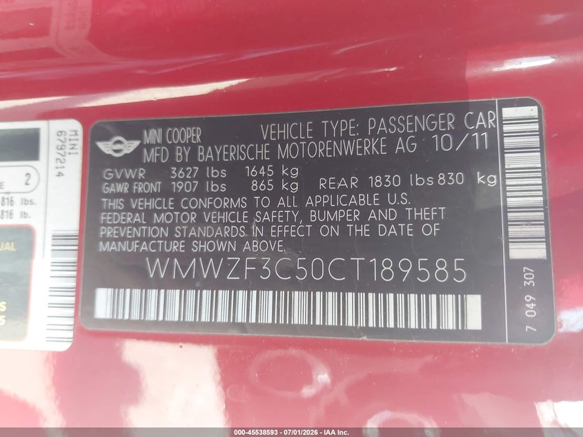 2012 Mini VIN WMWZF3C50CT189585 IAAI salvage auction — NORMAL WEAR, Clear (Pennsylvania), sold $475 on 2026-07-24 (photo 9)