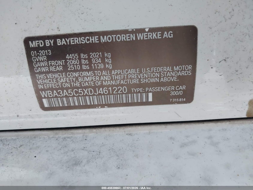 2013 BMW 3 series VIN WBA3A5C5XDJ461220 IAAI salvage auction — NORMAL WEAR, Clear (Florida), sold $1,025 on 2026-07-29 (photo 9)