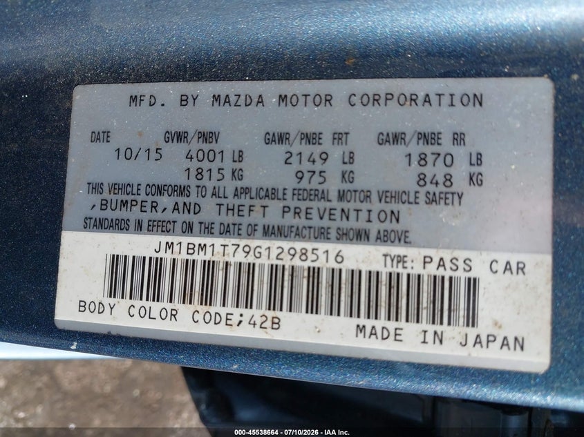 2016 Mazda 3 VIN JM1BM1T79G1298516 IAAI salvage auction — FRONT END, Rebuildable (Florida), sold $525 on 2026-07-29 (photo 9)