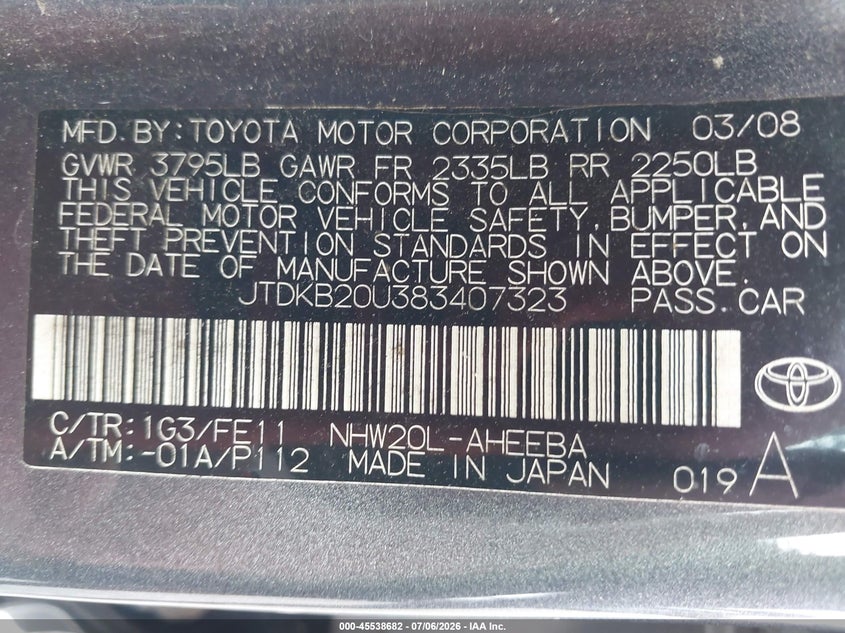 2008 Toyota Prius VIN JTDKB20U383407323 IAAI salvage auction — NORMAL WEAR, Clear (Tennessee), sold $250 on 2026-07-18 (photo 9)