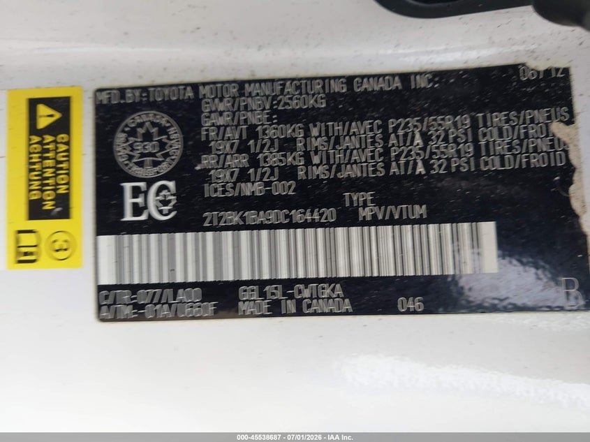 2013 Lexus VIN 2T2BK1BA9DC164420 IAAI salvage auction — FRONT END, Salvage Title, sold $4,600 on 2026-07-18 (photo 9)