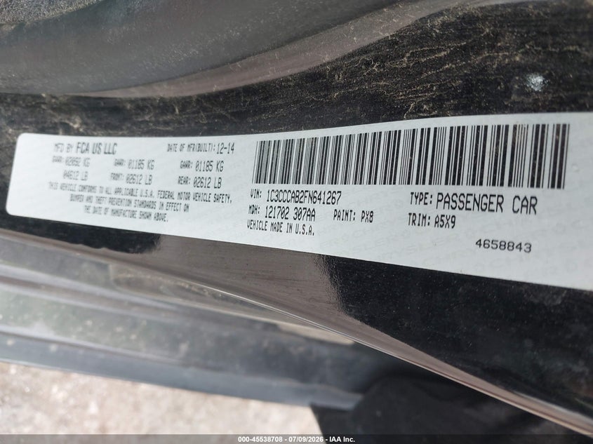 2015 Chrysler 200 VIN 1C3CCCAB2FN641267 IAAI salvage auction — WATER/FLOOD, Clear (Kansas), sold $450 on 2026-09-02 (photo 9)