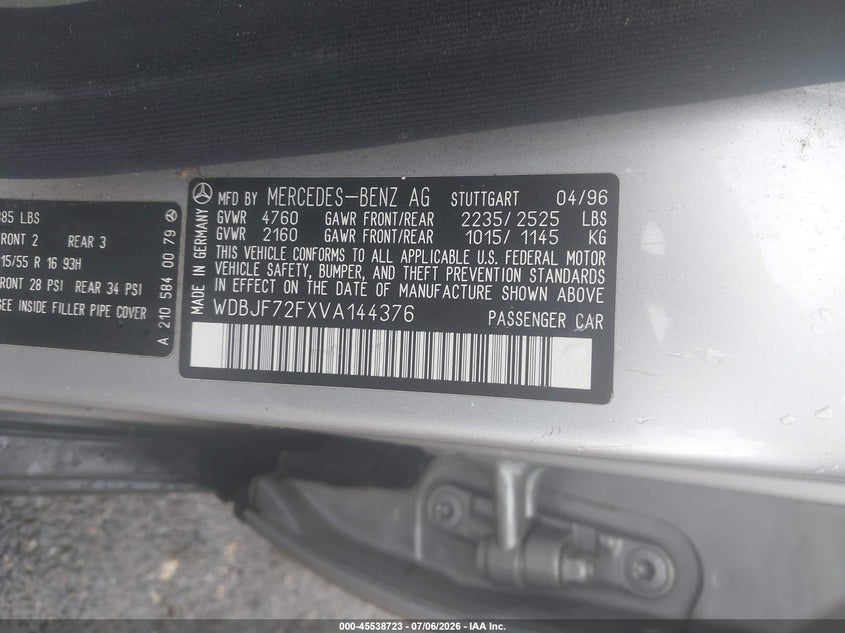 1997 Mercedes-benz E-class VIN WDBJF72FXVA144376 IAAI salvage auction — SIDE, Bill Of Sale (Rhode Island), sold $550 on 2026-07-09 (photo 9)