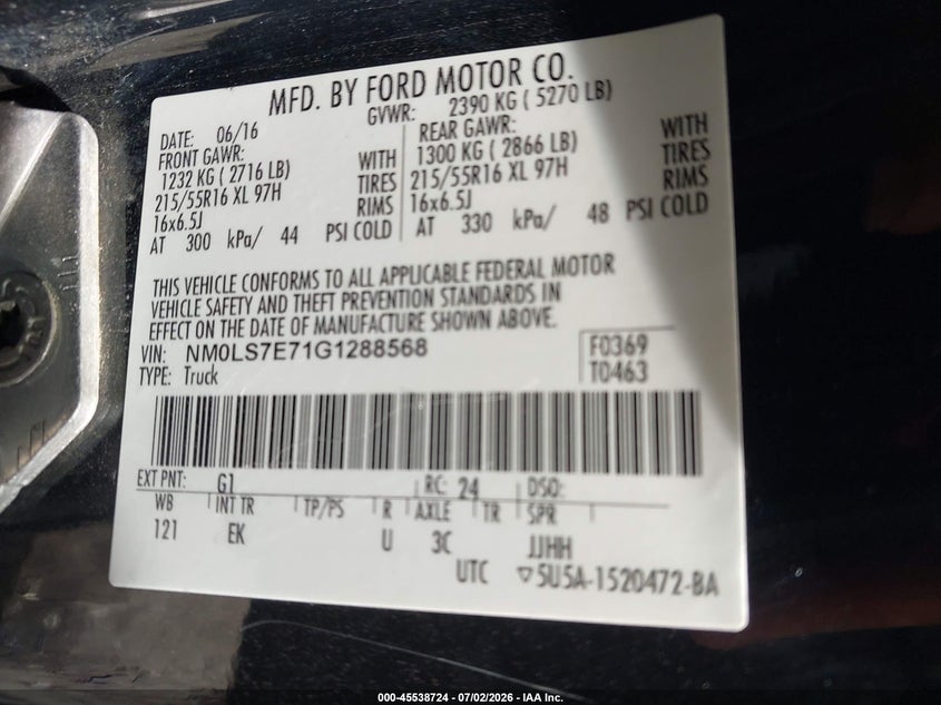 2016 Ford Transit VIN NM0LS7E71G1288568 IAAI salvage auction — LEFT FRONT, Rebuildable (Florida), sold $700 on 2026-07-20 (photo 9)