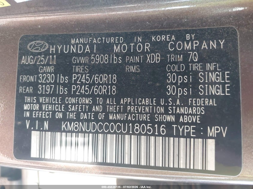 2012 Hyundai Veracruz VIN KM8NUDCC0CU180516 IAAI salvage auction — NORMAL WEAR, Clear (Florida), sold $1,200 on 2026-07-21 (photo 9)